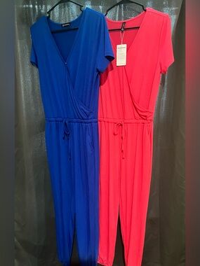 Womens Blue and Pink V-Neck Drawstring   Pant Romper size Medium